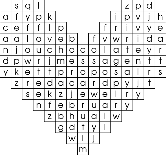 Valentine's Day. Word Search Grid. chocolate, february, fourteen, proposal, 